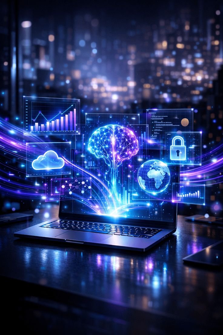 Futuristic AI interface and digital dashboards on a laptop